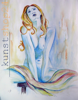 Akt Frau sitzend mit Tuch / Aquarell / Kunstdruck