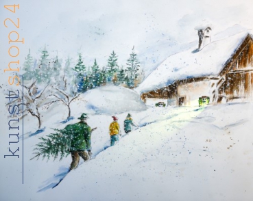 Weihnachten - Haus / Aquarell / Kunstdruck