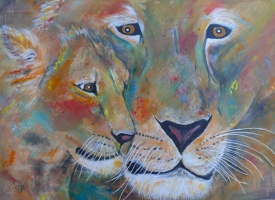 Löwenmutter mit Löwenkind /Acryl / Kunstdruck