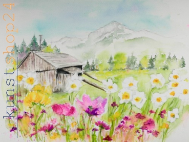 Altaussee - Narzissenfeld / Aquarell / Originalbild