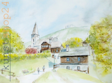 Altaussee Kirche / Aquarell / Kunstdruck