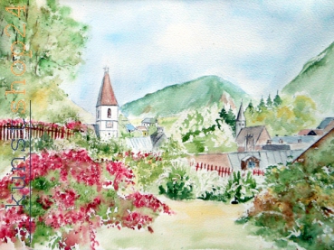 Bad Aussee - Katholische Kirche mit rotem Busch / Aquarell / Originalbild