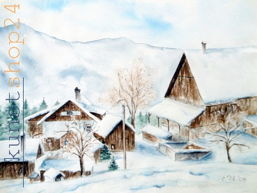 Bad Goisern - Bauernhof - Winter / Aquarell / Originalbild