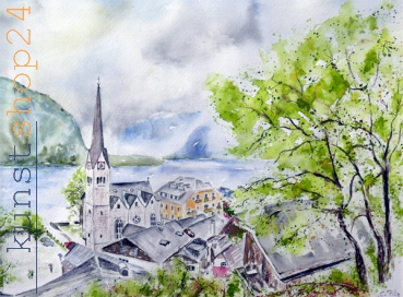 Hallstatt im Regen / Aquarell / Original - verkauft