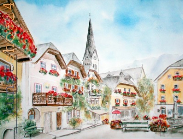 Hallstatt Marktplatz / Aquarell / Kunstdruck