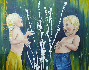 Kinder am Brunnen / Acryl / Originalbild