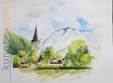 Altaussee mit Kirche / Aquarell / Originalbild