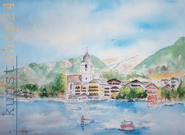 St. Wolfgang - Boot mit Wasserski / Aquarell / Kunstdruck