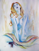 Akt Frau sitzend mit Tuch / Aquarell / Originalbild