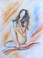 Akt - Frau auf Tuch sitzend / Aquarell / Originalbild