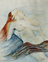 Akt Frau im Wasser liegend / Aquarell / Originalbild