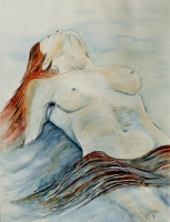 Akt Frau im Wasser liegend / Aquarell / Kunstdruck