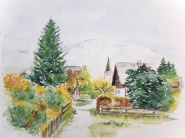 Altaussee - Blick zur Kirche im Herbst / Aquarell / Originalbild
