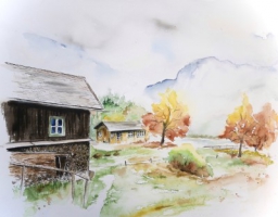 Altaussee - Blick zum See im Herbst / Aquarell / Originalbild