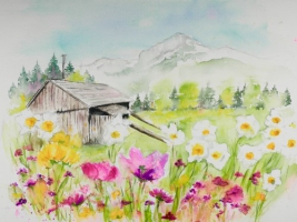 Altaussee - Narzissenfeld / Aquarell / Originalbild