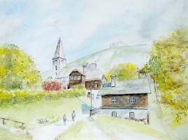 Altaussee Kirche / Aquarell / Kunstdruck