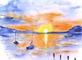 Attersee - Sonnenuntergang / Aquarell / Kunstdruck