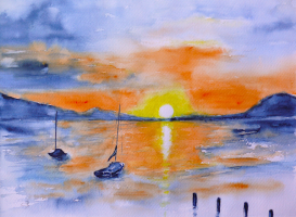 Attersee - Sonnenunterang / Aquarell / Originalbild