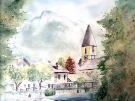 Bad Aussee - Kirche - Traun / Aquarell / Kunstdruck