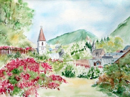 Bad Aussee - Katholische Kirche mit rotem Busch / Aquarell / Kunstdruck