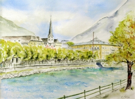 Bad Ischl - Esplanade / Aquarell / Kunstdruck