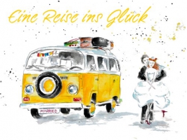 Spruchkarte "Hochzeitspaar mit Bus"