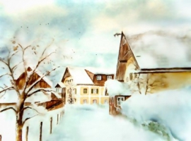 Bad Goisern - Weißenbach im Winter / Aquarell / Kunstdruck