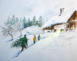 Grußkarte "Weihnachten - Haus" / Aquarell / Kunstdruck