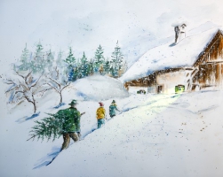 Weihnachten - Haus / Aquarell / Kunstdruck