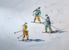Grußkarte "Skifahrer" / Aquarell / Kunstdruck