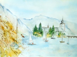 Gmunden - Schloss Orth im Herbst / Aquarell / Kunstdruck