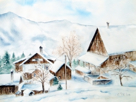 Bad Goisern - Bauernhof - Winter / Aquarell / Kunstdruck