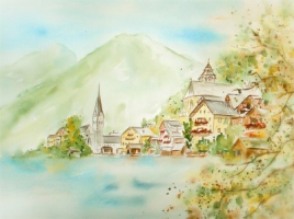 Hallstatt im Herbst / Aquarell / Kunstdruck