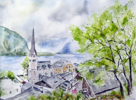 Hallstatt im Regen / Aquarell / Original - verkauft