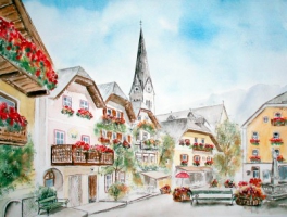 Hallstatt Marktplatz / Aquarell / Kunstdruck