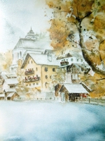 Hallstatt mit Kirche / Aquarell / Kunstdruck