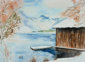 Hallstättersee im Winter / Aquarell / Kunstdruck
