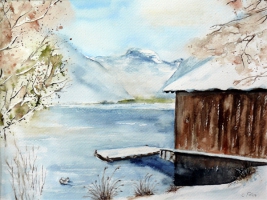 Hallstättersee im Winter / Aquarell / Originalbild