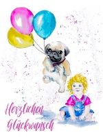 Grußkarte "Kind mit Hund und Luftballons"