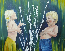 Kinder am Brunnen /Acryl /Kunstdruck