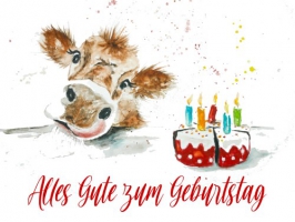 Spruchkarte "Kuh mit Torte" / verschiedene Sprüche zur Auswahl