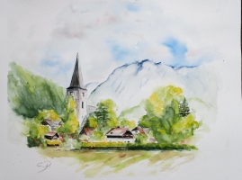 Altaussee Kirche / Aquarell / Kunstdruck