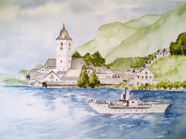 St. Wolfgang - Dampfer / Aquarell / Kunstdruck