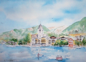 St. Wolfgang - Boot mit Wasserski / Aquarell / Kunstdruck