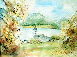 St. Wolfgang von oben im Herbst / Aquarell / Kunstdruck